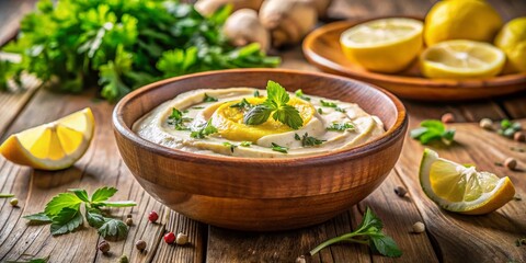 Rustic Wooden Table Hummus Bowl with Lemons & Herbs - Middle Eastern Food Photography