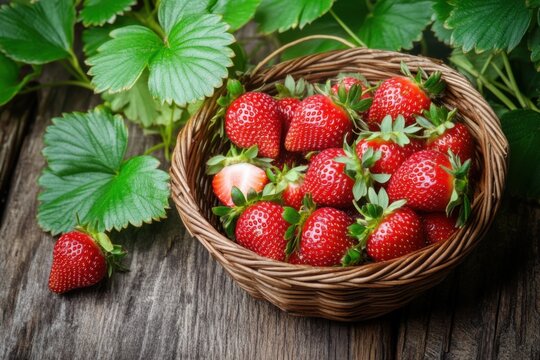 Freshly harvested strawberries in a woven basket on wooden surface with green leaves