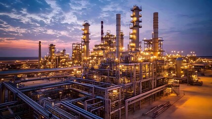 A large industrial plant with many tall towers and a lot of pipes. The sky is dark and the sun is setting