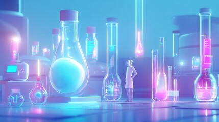 Futuristic lab with colorful glassware.
