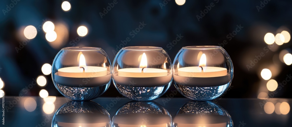 Aufkleber Tranquil white candles illuminated in glass orbs on a dark background with soft bokeh lights creating a serene atmosphere
