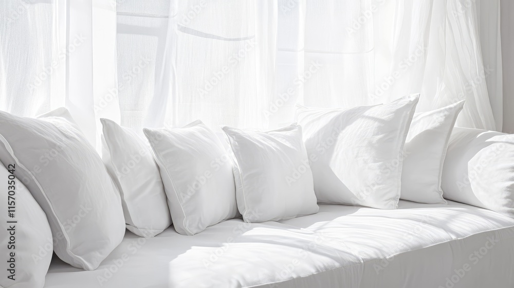 Aufkleber bright and airy white couch with plush pillows against a sheer white curtain backdrop ideal for mini