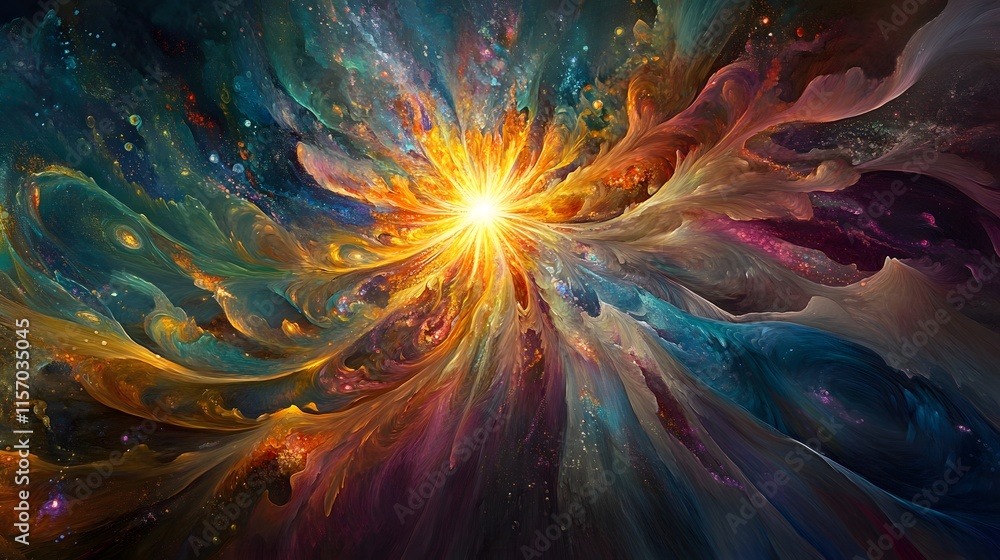 Poster celestial explosion of colorful light cosmic space digital art abstract universe dynamic perspective