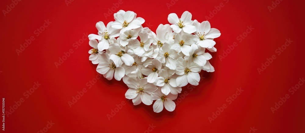 Poster white flower heart arrangement on vibrant red background aerial view with ample copy space for roman
