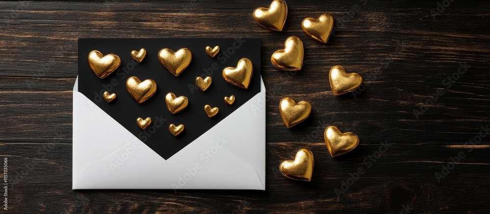 Poster elegant white envelope with black top featuring golden heart designs on wooden background for romant