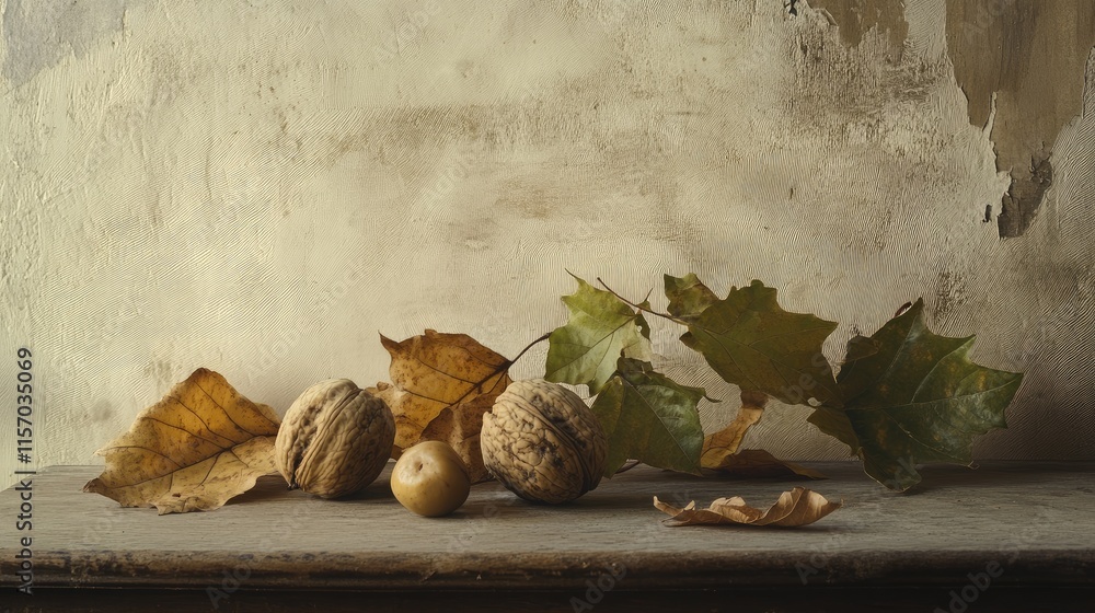 Poster walnuts and autumn leaves elegantly arranged on a rustic wooden table against a textured background