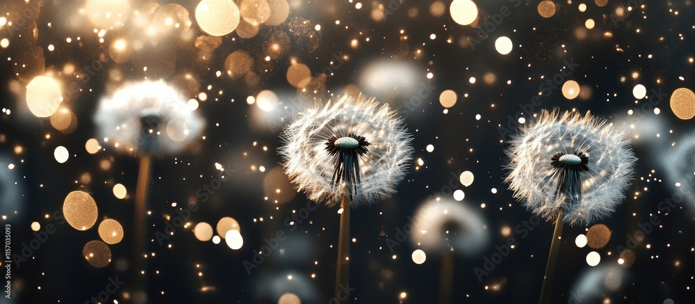 Poster white dandelion flowers against a dark background with golden sparkles creating a dreamy festive amb