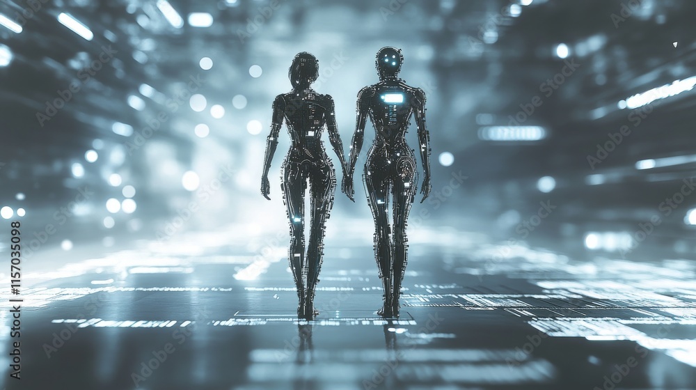 Poster futuristic robots walking in digital space.