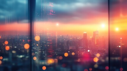 Fototapeta premium Urban skyline at sunset viewed through modern office window with glowing lights, showcasing future city technology and digital art ambiance