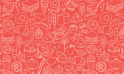 Hand drawn set of miscelanous food doodles, vector seamless food pattern, paper wrap, restaurant menu, line hand drawings, vector illustration, minimalist color.