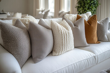A white couch adorned with various plush pillows in soft gray and beige tones. The couch features a relaxed, contemporary design with rolled arms and a loose-fit fabric.