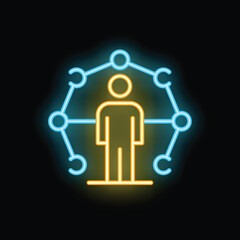Neon glowing icon of a businessman standing inside a network, symbolizing business connections and networking opportunities