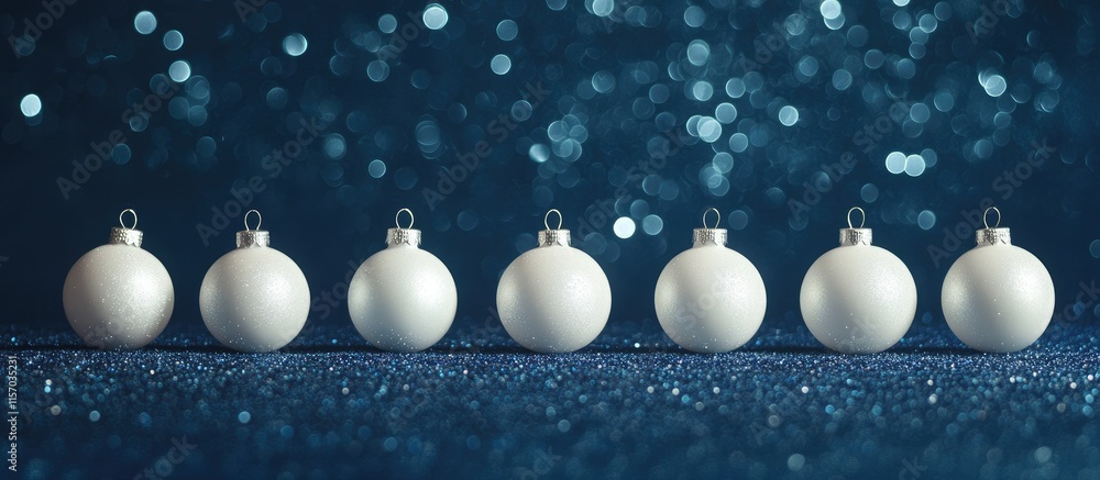 Poster white christmas ornaments lined up on a shimmering dark blue background ideal for festive designs or