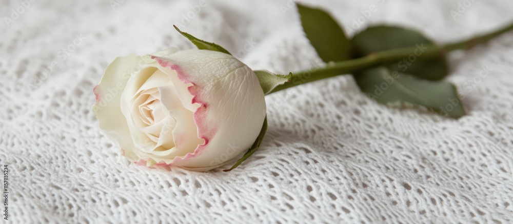 Aufkleber White rose bud with pink edges on a green stem lying on a delicate white knitted napkin creating an elegant and serene composition