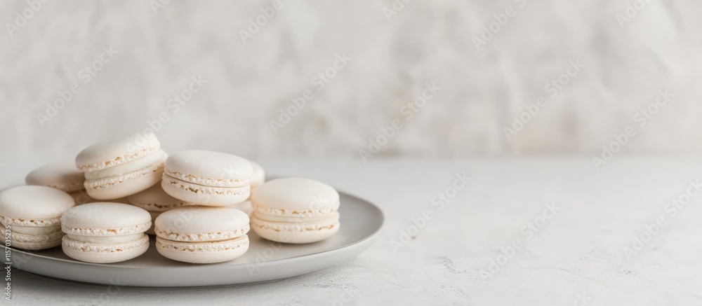 Poster delicate white macaroons arranged on a minimalist plate against a soft background showcasing the ele
