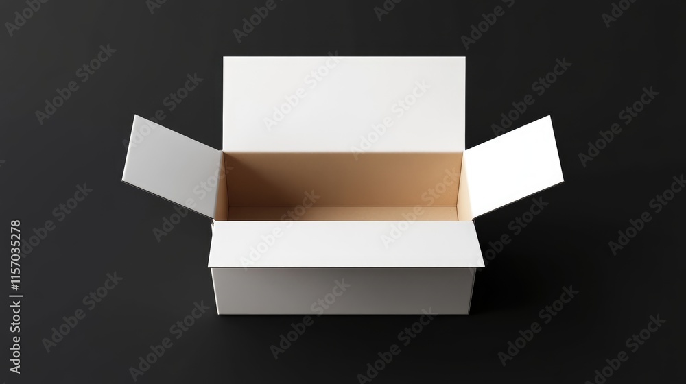 Aufkleber minimalist white cardboard box with open flaps on a black background showcasing storage and packagin