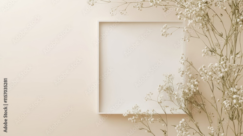 Poster White square frame mockup surrounded by delicate gypsophila flowers on a soft beige table setting for creative display and design purposes