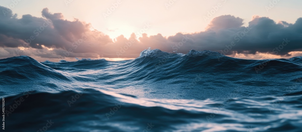 Poster Serene ocean waves at sunset with dramatic clouds reflecting warm light and creating a tranquil coastal atmosphere.