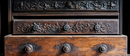 Intricately carved vintage wooden drawers highlighting weathered textures ideal for interior design aesthetics and inspiration