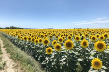 Obraz premium Bright sunflower field stretches across the horizon under clear blue sky in early summer