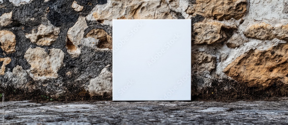 Poster blank canvas against a textured stone wall ideal for artists seeking inspiration and a backdrop for 