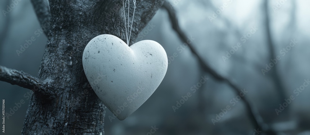 Aufkleber Serene white heart hanging from a tree branch in a misty forest setting creating a tranquil and romantic atmosphere