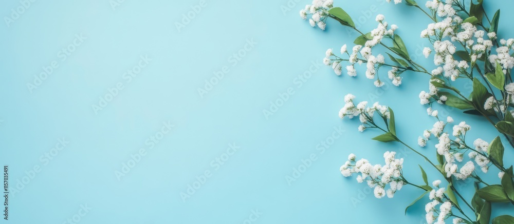 Poster Delicate flower branch on blue background with empty space for text or design elements perfect for spring or nature-themed projects