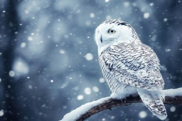 Snowy owl perched on a branch during a snowstorm in a tranquil winter landscape