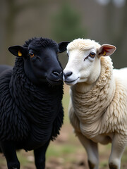 Fototapeta premium Sheep With Black And White Coats Embody A Simple Yet Effective Concept Of Contrasting Ideas Or Opposing Perspectives. 00002