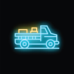 Blue and yellow neon truck carrying cargo on black background