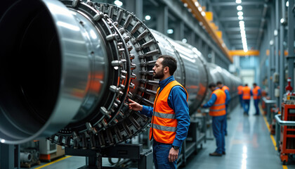 Rocket engineers assemble spacecraft parts in aerospace factory. Skilled workers use precision tools for cutting-edge tech. Modern manufacturing process creates innovative designs for space