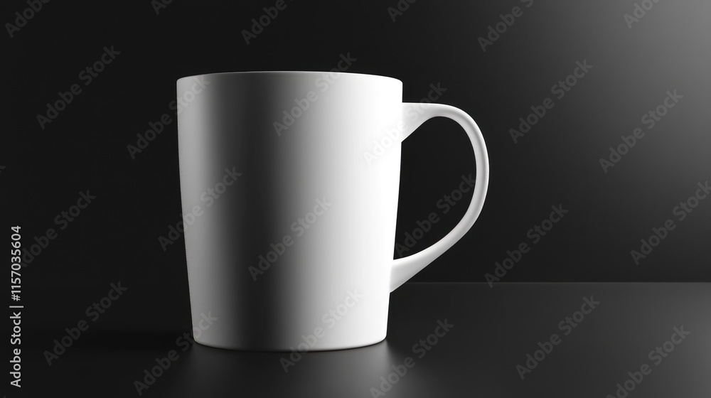 Poster minimalist white coffee cup on dark table with subtle lighting highlighting contours and textures, p
