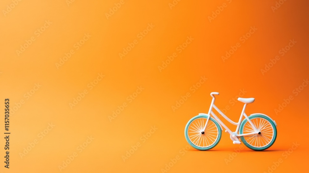 Poster miniature white bicycle on vibrant orange background showcasing business and creativity concepts wit
