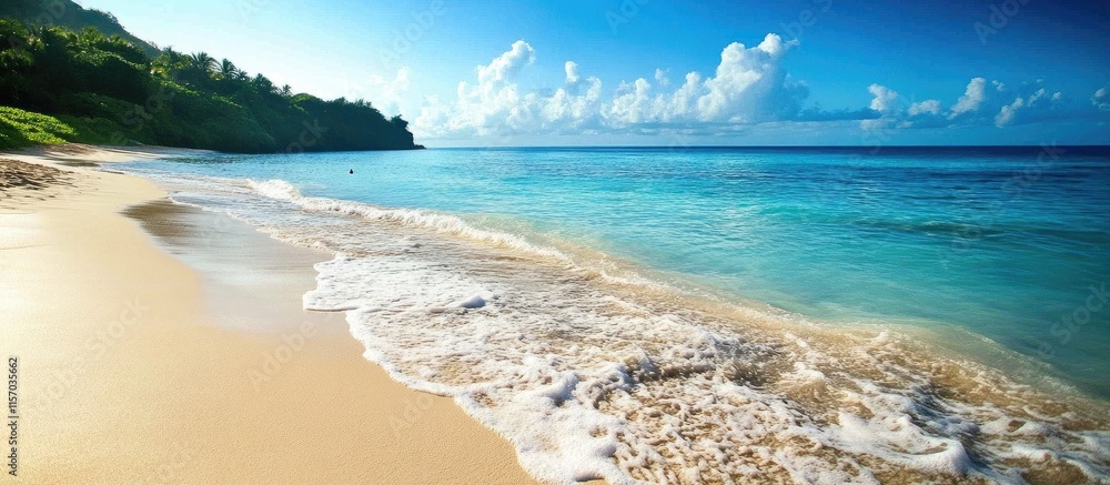 Aufkleber serene coastal beach with gentle waves lapping against golden sand under a bright blue sky with fluf