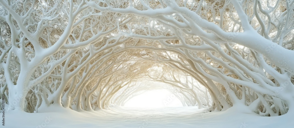 Aufkleber snow-covered white tunnel of intertwined tree branches creating a serene winter wonderland landscape