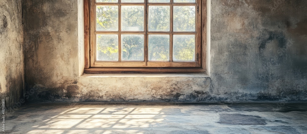 Poster rustic vintage wooden window frame highlighting a weathered cement floor creating a charming and inv