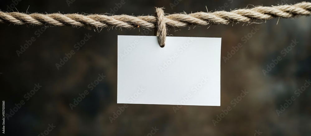 Aufkleber Blank white note card hanging on a rope against a blurred textured background for notes or messages in creative projects