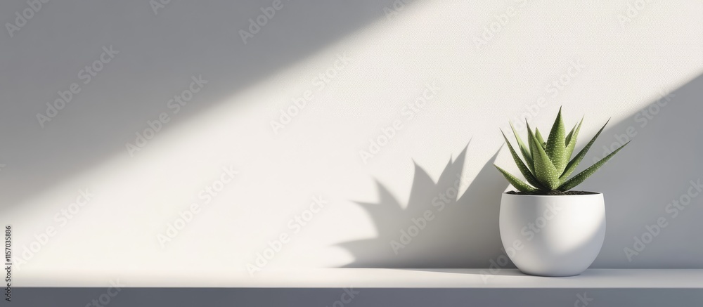 Leinwandbilder Minimalist composition of potted plant and white paper illuminated by sunlight creating soft shadows on a serene background