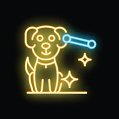 Neon dog carrying bone toy glowing brightly with sparks on dark background