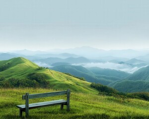 A green hilltop with a wooden bench overlooking a peaceful valley