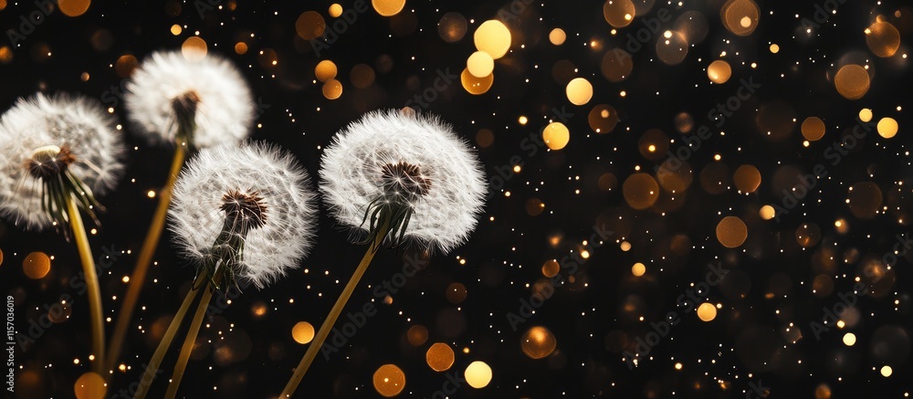 Poster White dandelion flowers with golden bokeh background creating a festive atmosphere ideal for designs and creative projects copy space available
