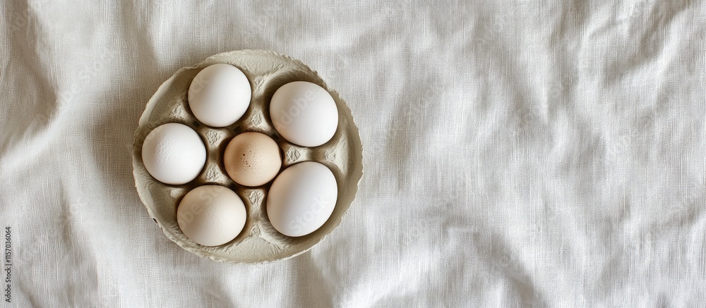 Aufkleber White chicken eggs in a ceramic carton on linen background top view with ample negative space for text or design elements