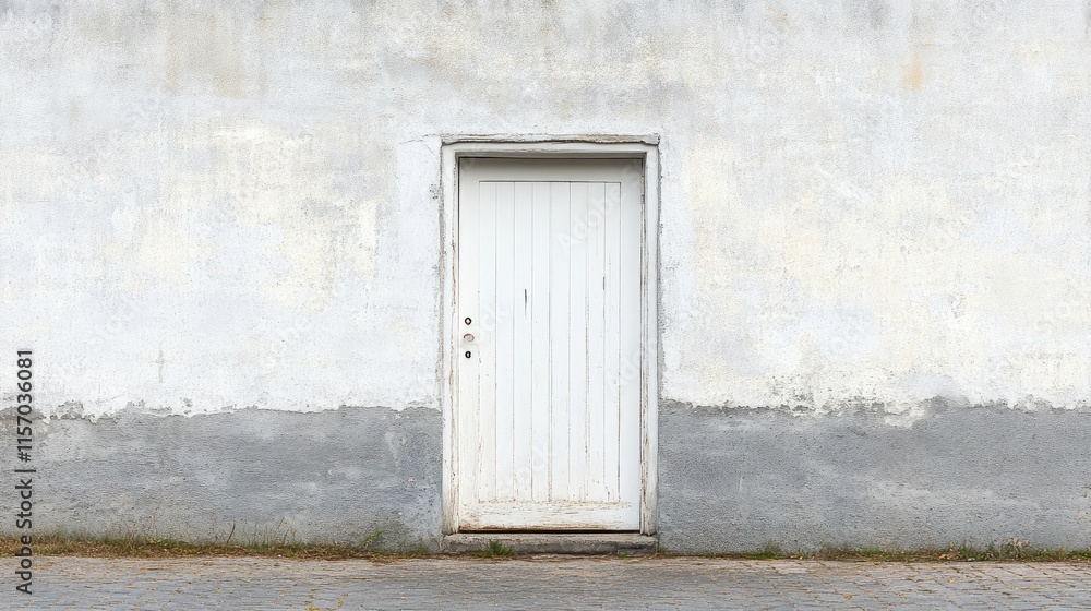 Poster minimalist design featuring a white door against a textured grey wall ideal for architectural or int