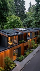 Fototapeta premium Sleek townhouses featuring large windows and wooden accents are bathed in warm golden hour light with greenery nearby and an empty street in view