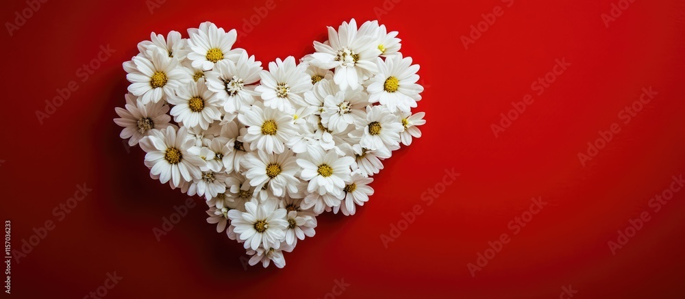 Aufkleber white flower heart arrangement on vibrant red background aerial view with ample copy space for roman