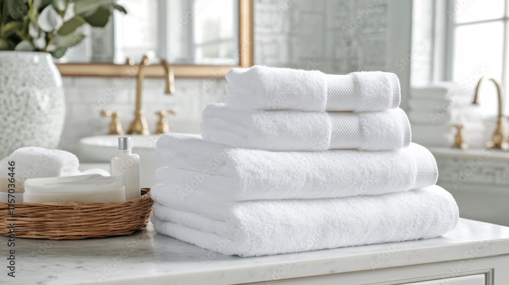 Poster elegant white cotton towels neatly arranged on a marble counter in a bright bathroom setting ideal f