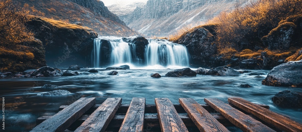 Poster serene waterfall cascading down a mountain stream with wooden planks in the foreground surrounded by