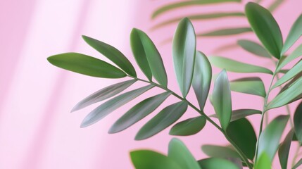 Obraz premium Green leaves with soft pink background.