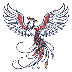 Obraz premium A stunning digital tattoo design of a majestic phoenix with spread wings, symbolizing rebirth, strength, and transformation.