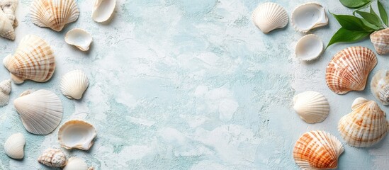 Vintage card mockup with seashells flat lay showcasing wedding invitation design and natural elements for coastal-themed events